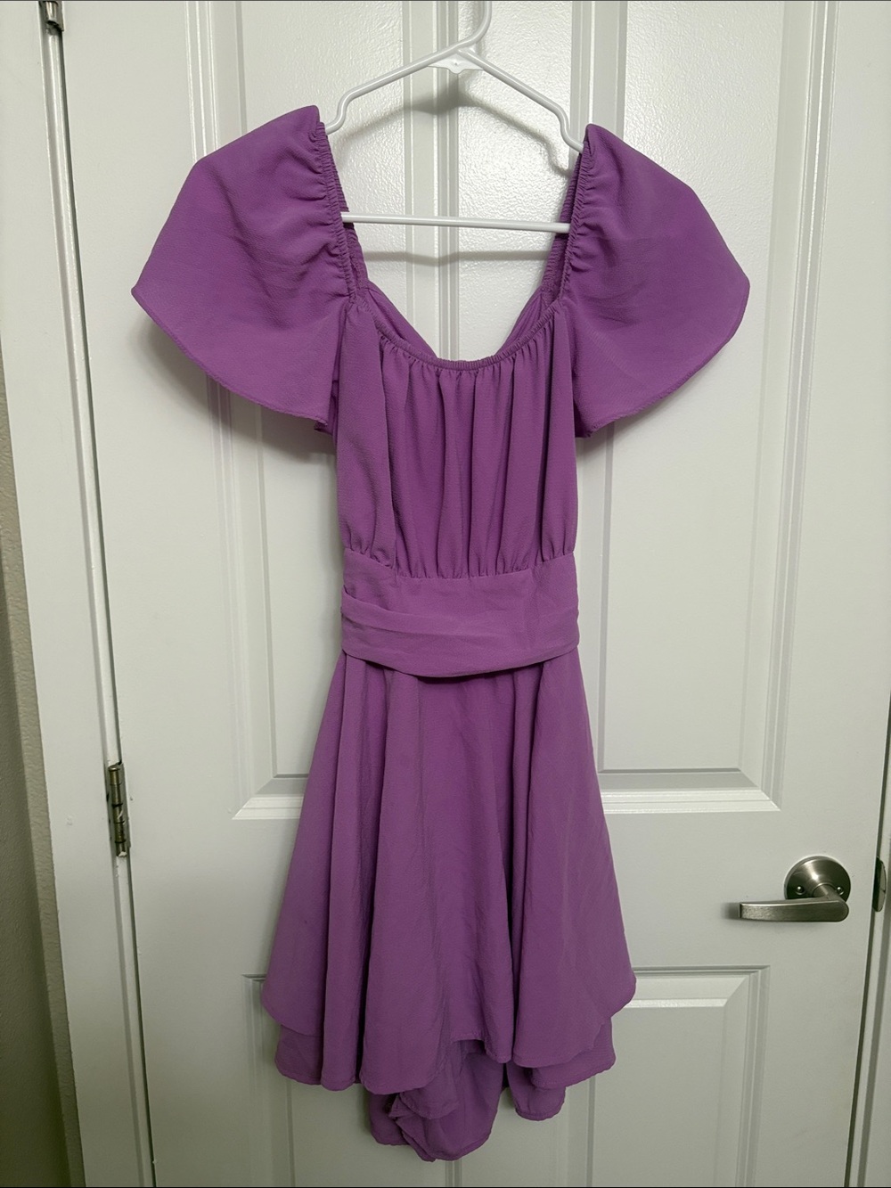 Lavender Off-Shoulder High-Low Dress with Flutter Sleeves